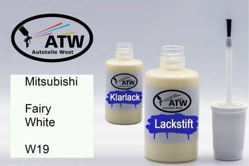 Mitsubishi, Fairy White, W19: 20ml Lackstift + 20ml Klarlack - Set, von ATW Autoteile West.